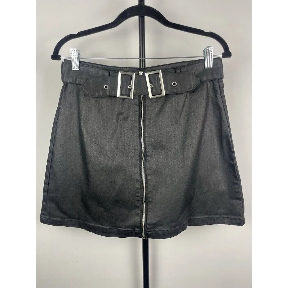 Amp Black Faux Leather Waxed Front Zip‎ Goth Punk Mini Skirt With Belt Size L